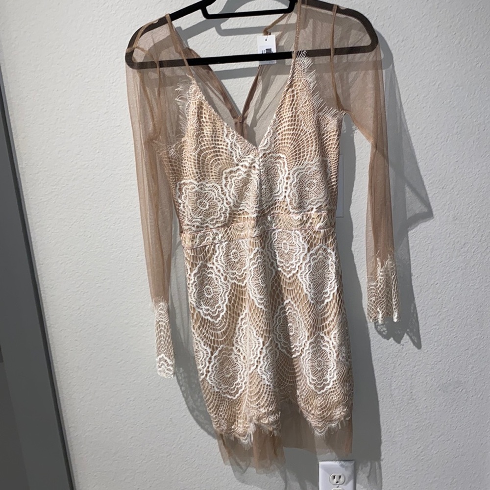 For love and lemons inspired white lace dress with nude mesh panels